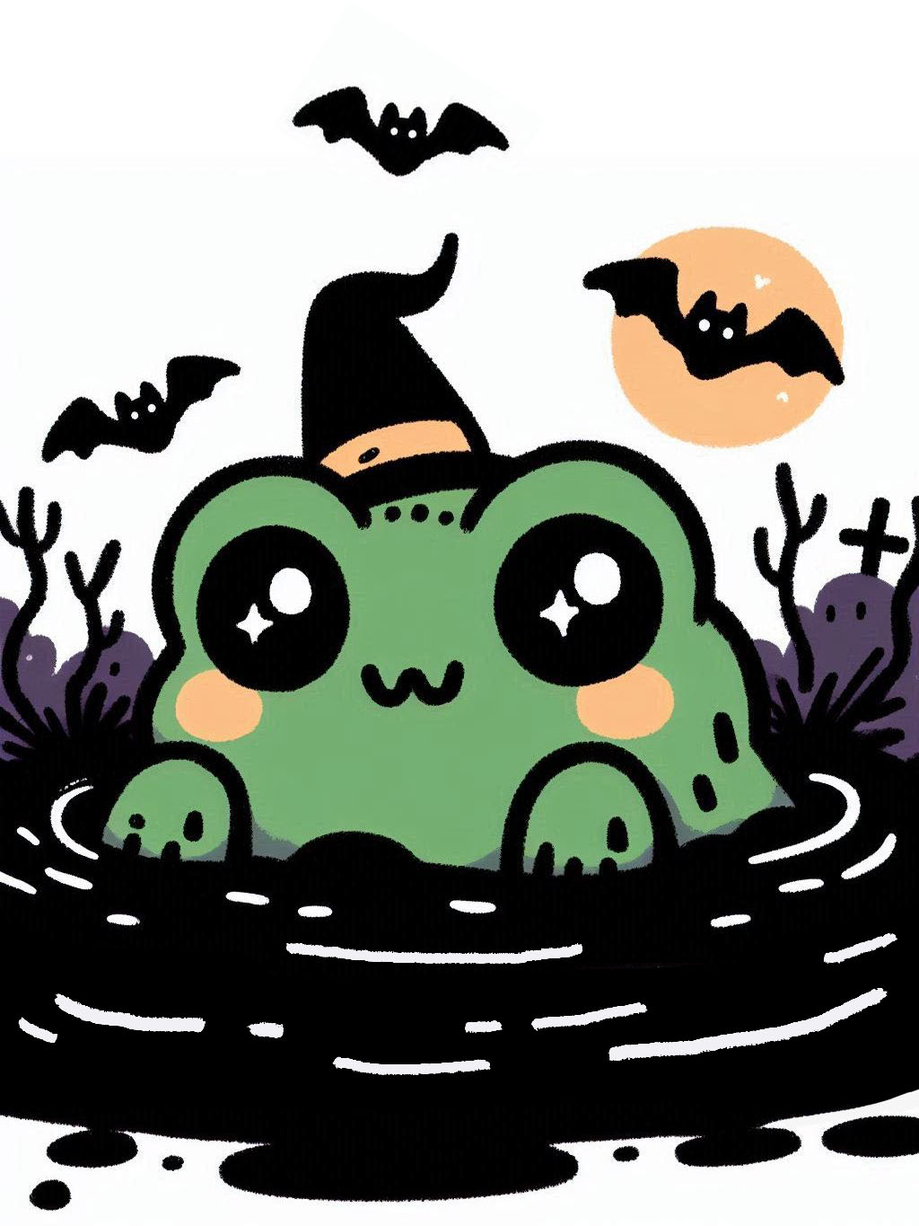 halloween frog drawing ideas: A whimsical and spooky image of a frog wearing a witch hat with bats and a full moon in the background.